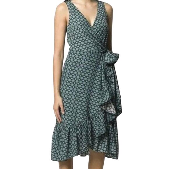 Tory Burch Logo Medallion Batik Print Ruffle Wrap Boho Green Blue Dress Sz 6 - Picture 1 of 8